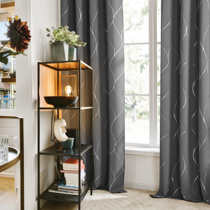 Deconovo Light Grey Blackout Curtains 2 Panel Set for Bedroom, Thermal Insulated Grommet Room Darkening Window Drapes for Living Room, Silver Line Foil Print, 52W x 96L Inch - Image 3